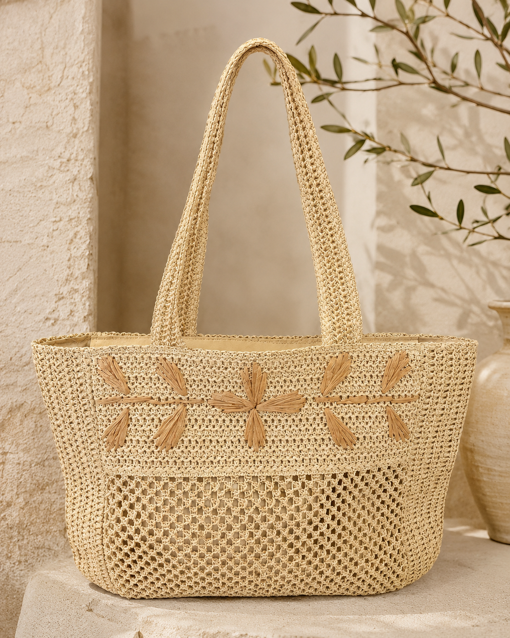 BOLSO SHOPPER RAFIA NATURAL BORDADO FLORAL