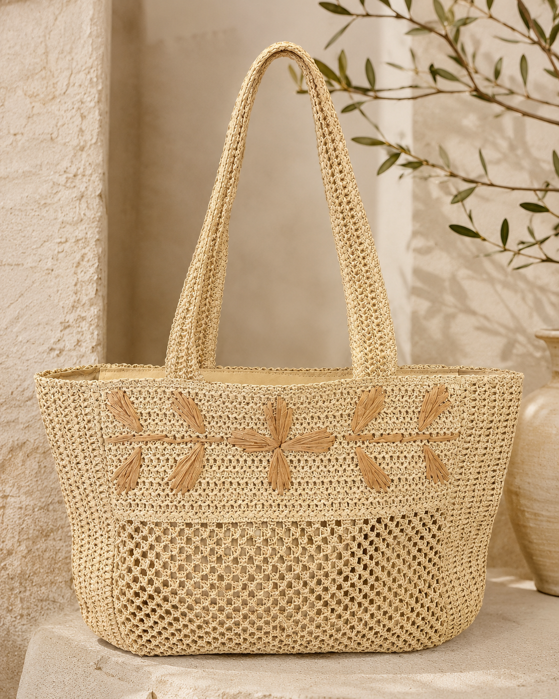 BOLSO SHOPPER RAFIA NATURAL BORDADO FLORAL