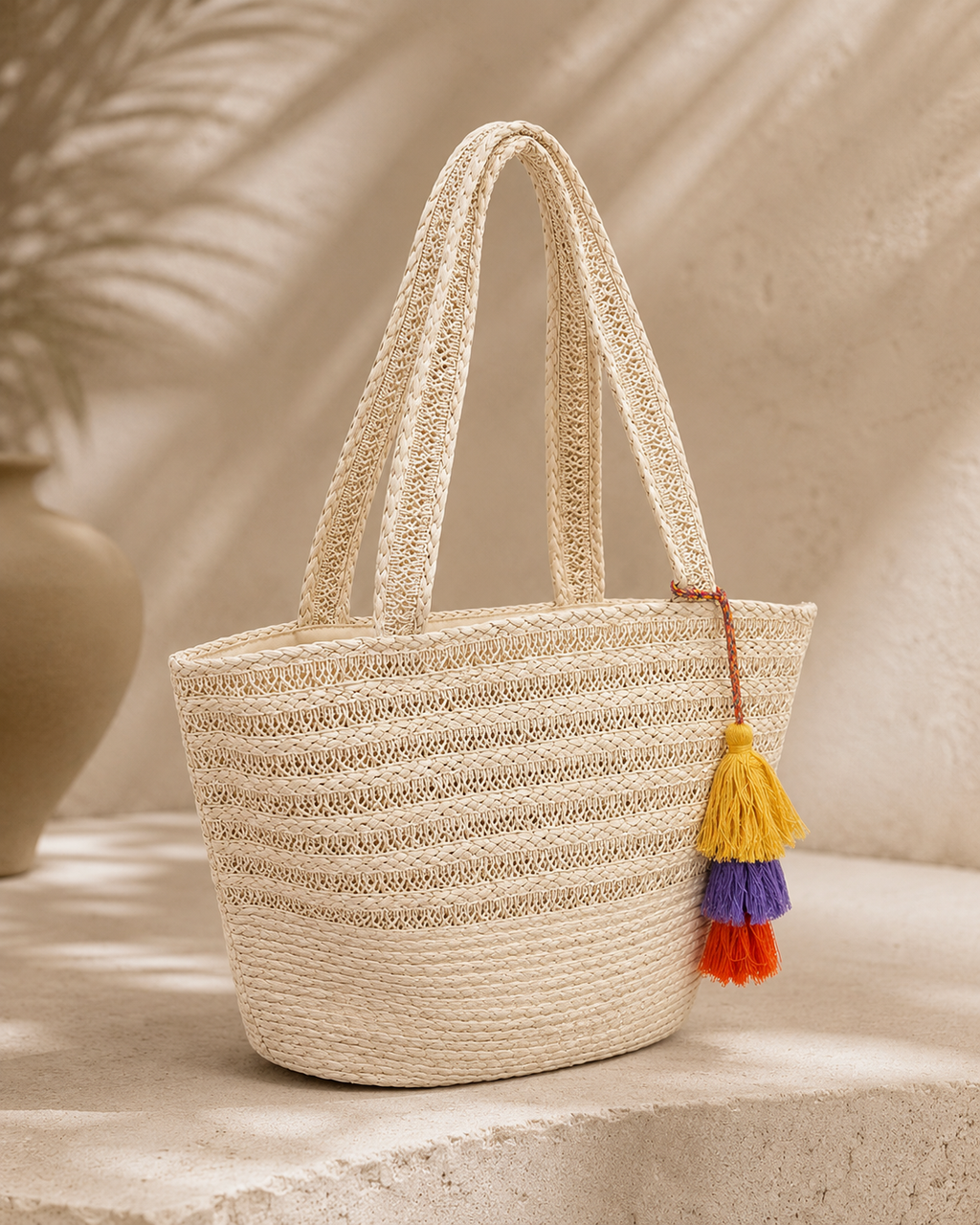 CAPAZO TRENZADO NATURAL CON BORLAS MULTICOLOR