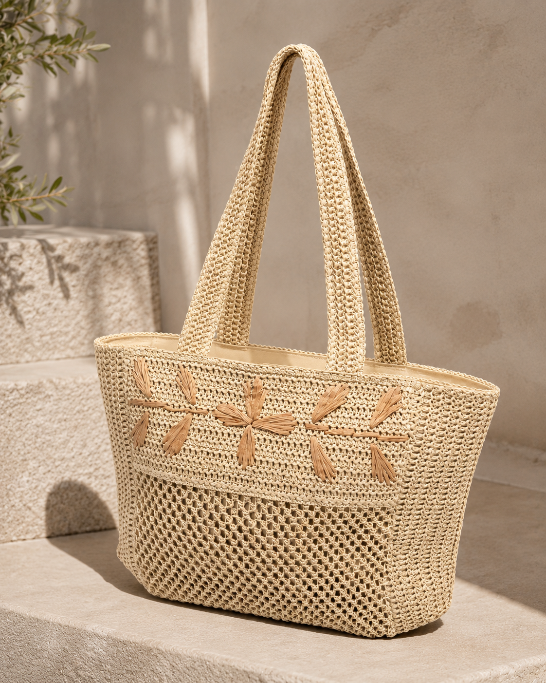 BOLSO SHOPPER RAFIA NATURAL BORDADO FLORAL