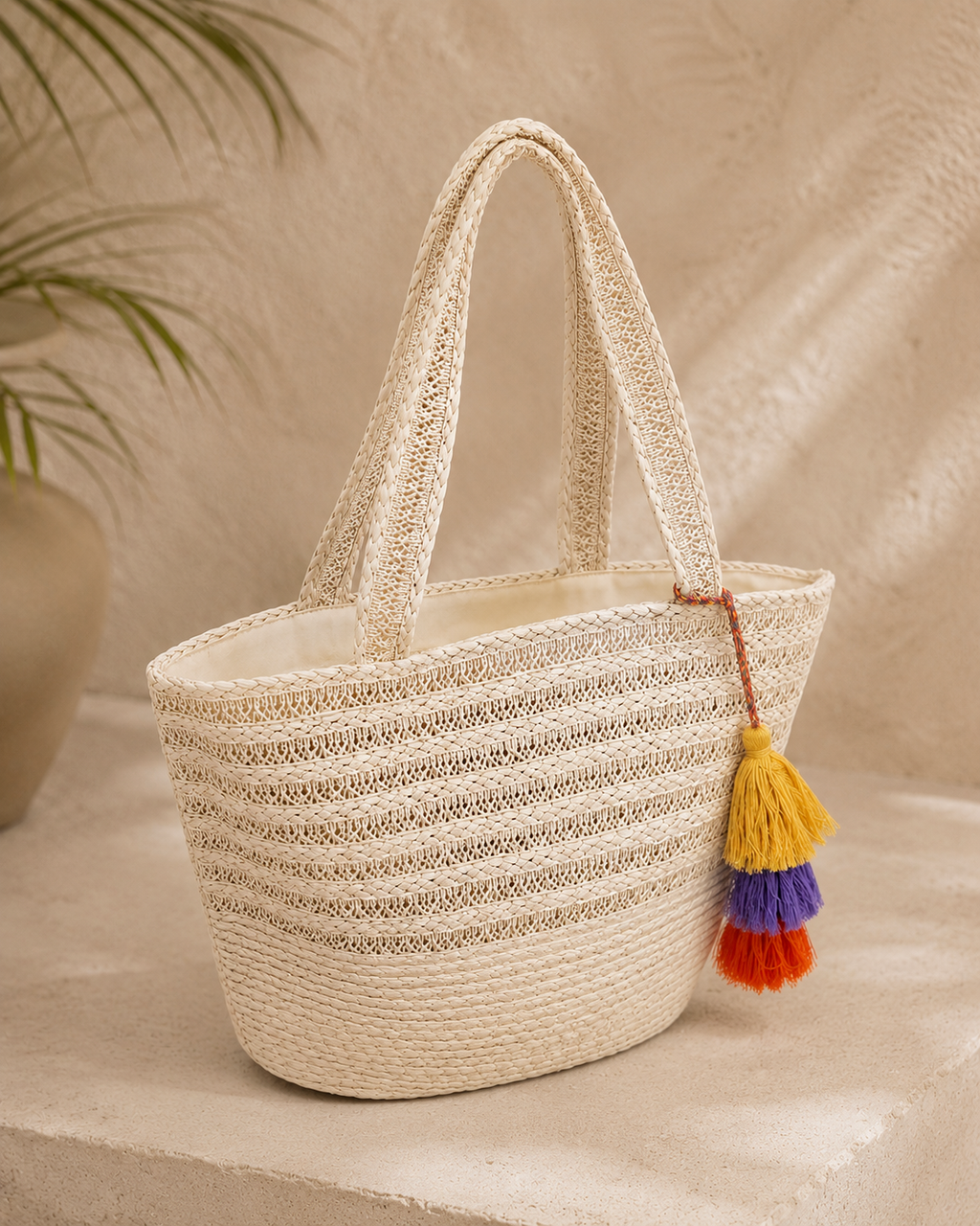 CAPAZO TRENZADO NATURAL CON BORLAS MULTICOLOR