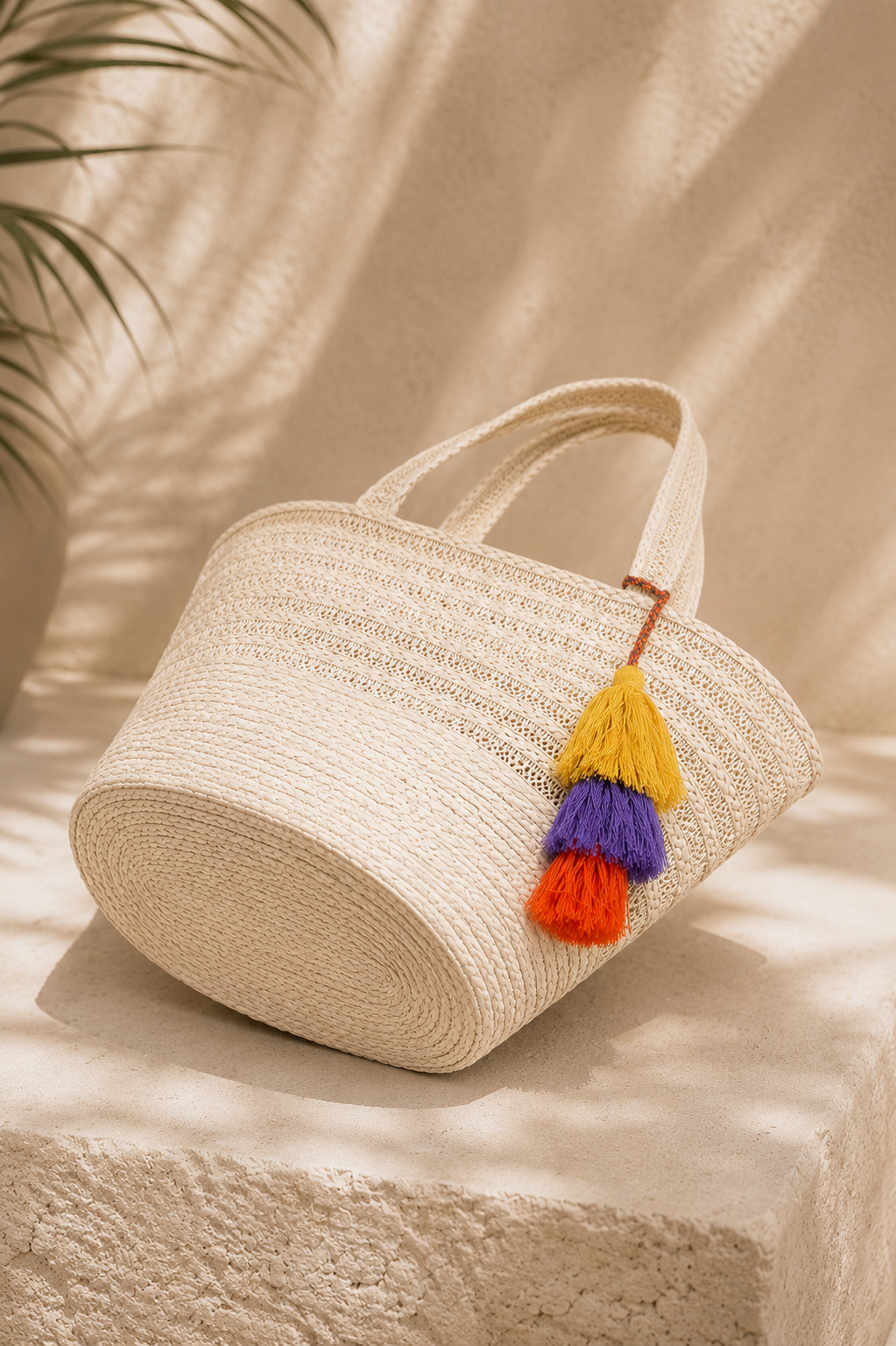 CAPAZO TRENZADO NATURAL CON BORLAS MULTICOLOR
