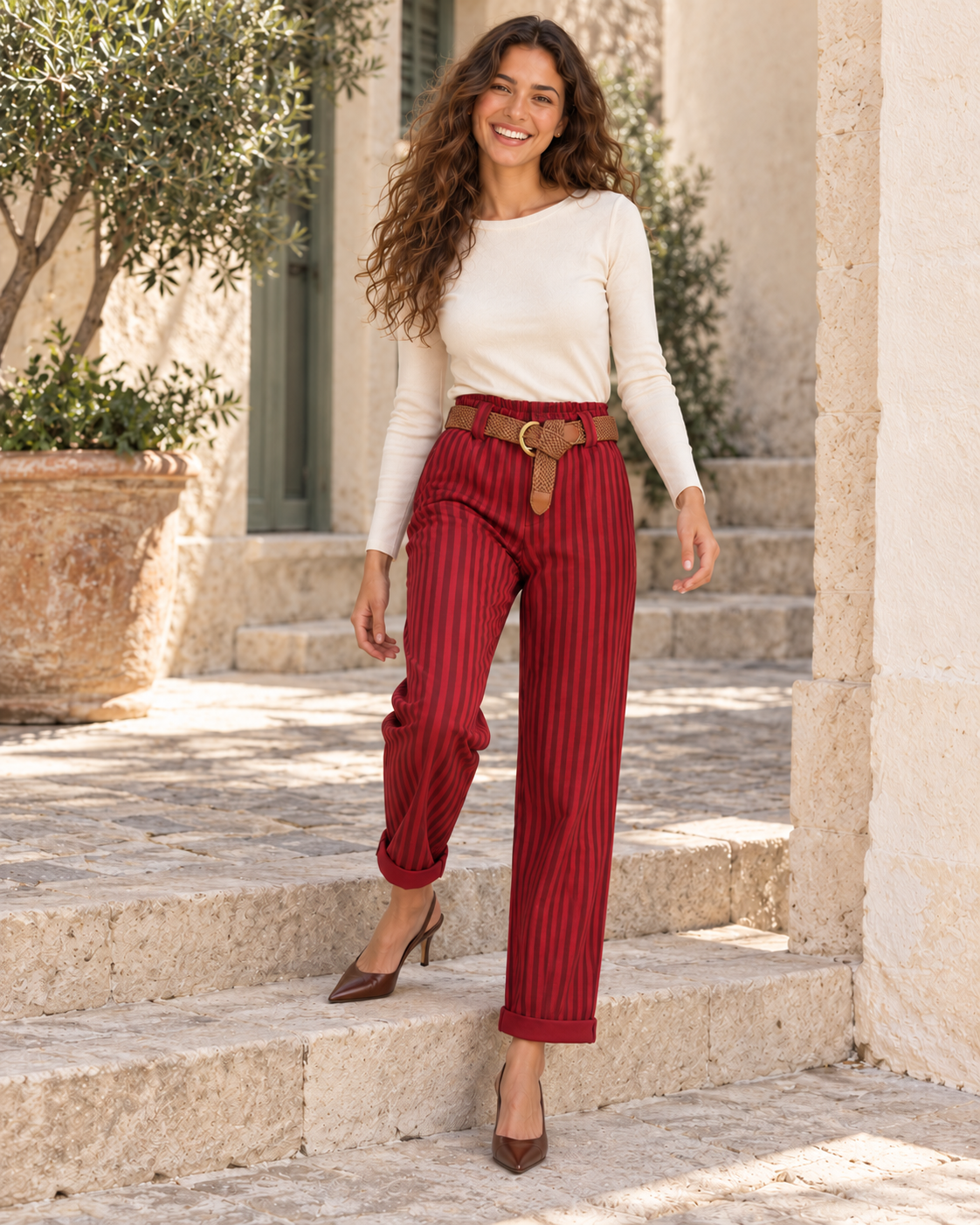 PANTALÓN RAYAS CINTURÓN- GRANATE