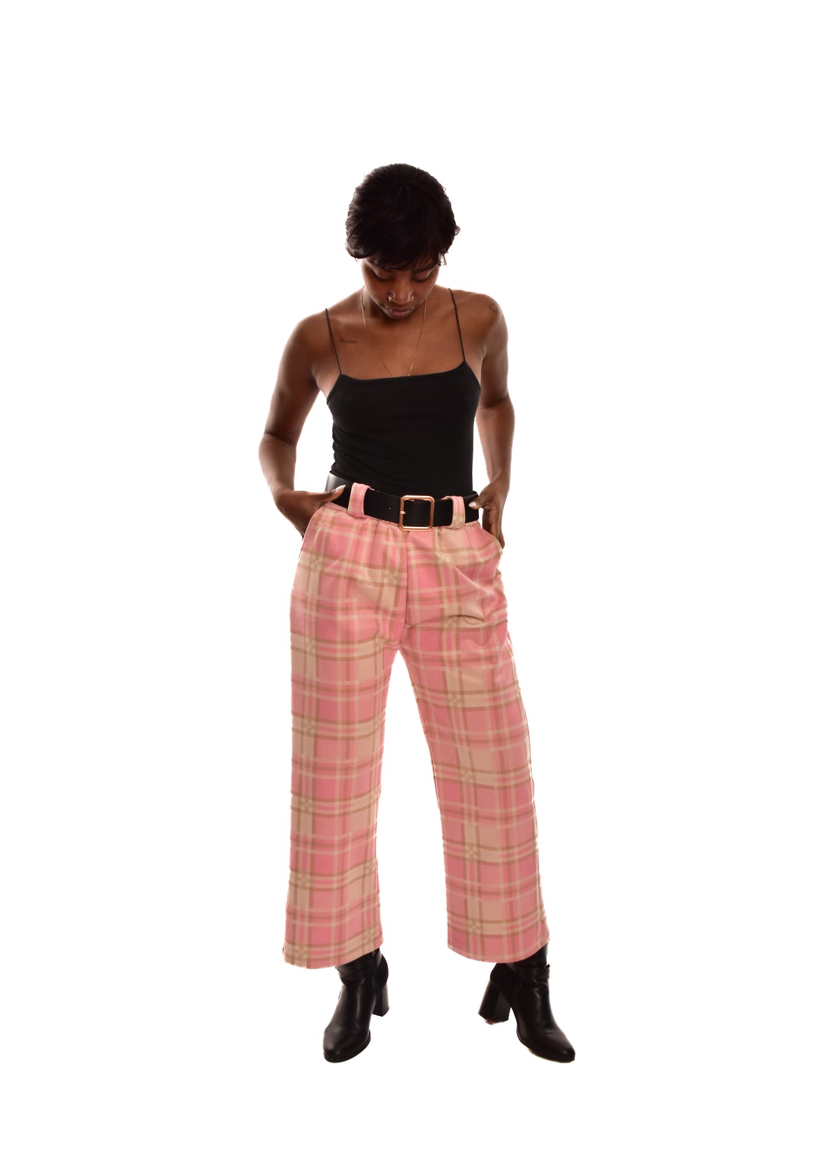 PANTALÓN ROSA- CUADROS + CINTURÓN