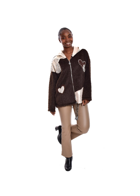 CHAQUETA DE PELO CORAZONES-MARRÓN