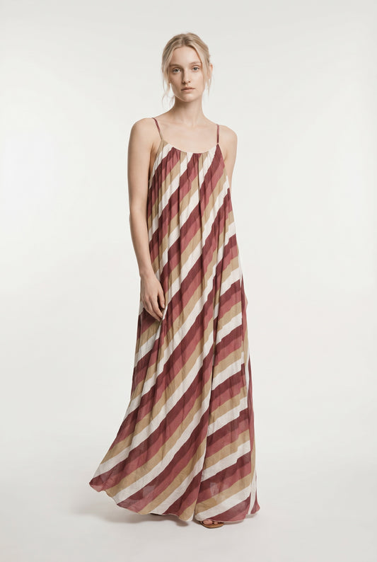 VESTIDO RAYAS LARGO-GRANATE