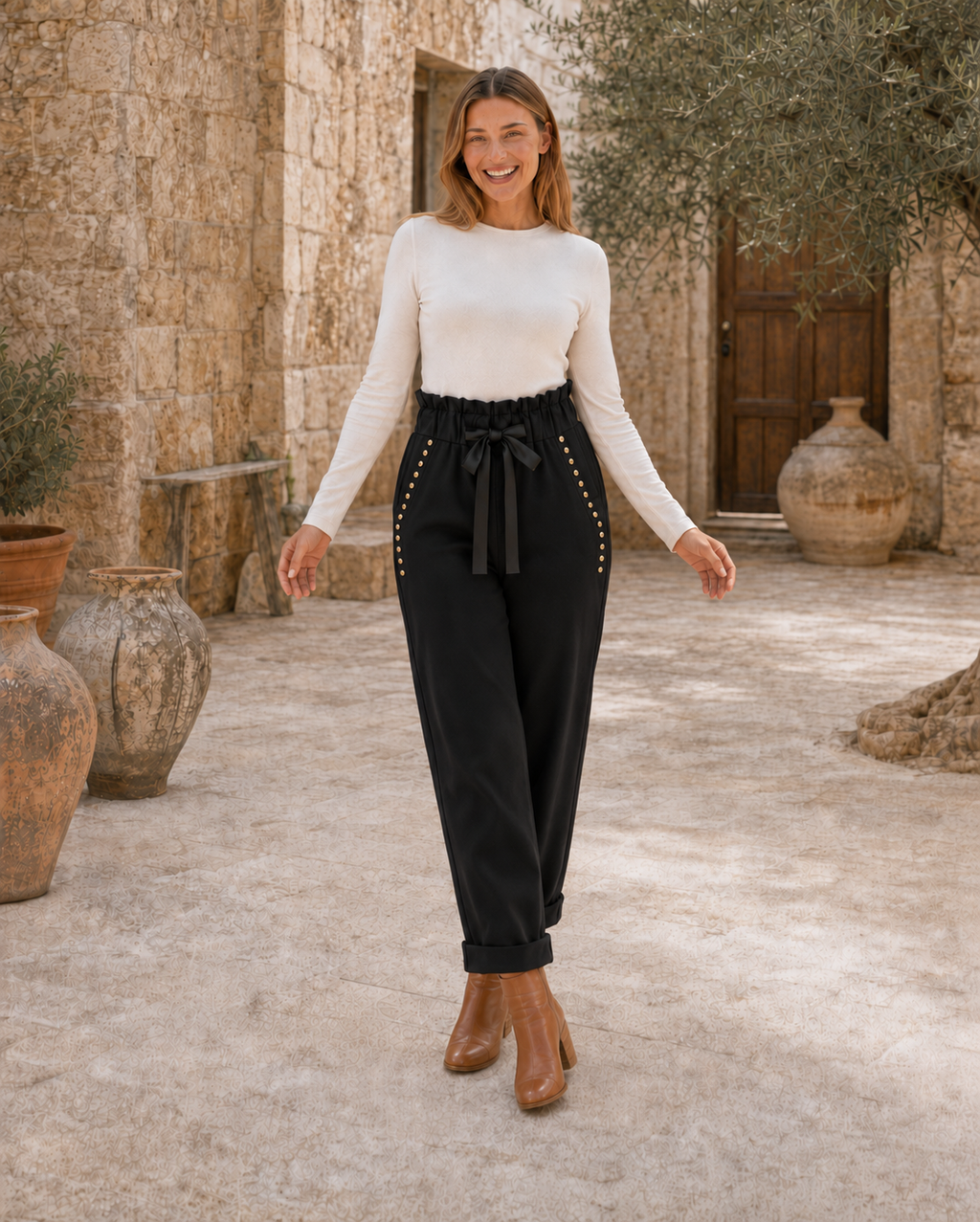 PANTALÓN ALGODÓN TACHUELAS-NEGRO