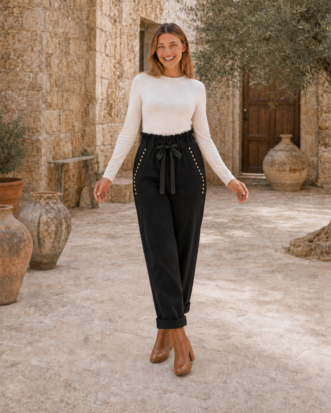 PANTALÓN ALGODÓN TACHUELAS-NEGRO