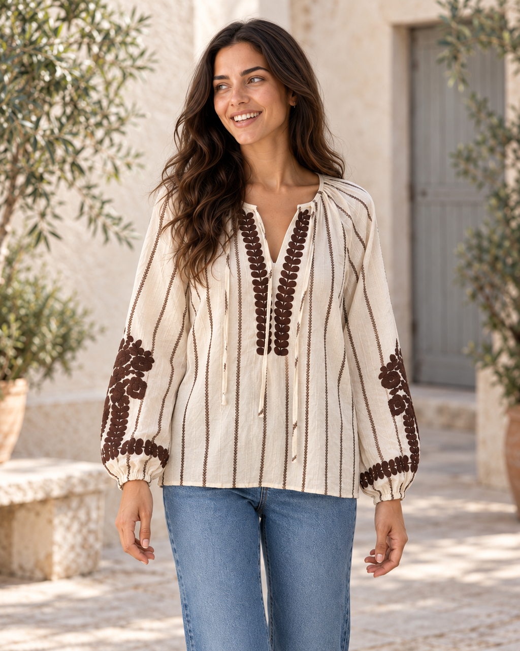 BLUSA BEIGE Y MARRÓN