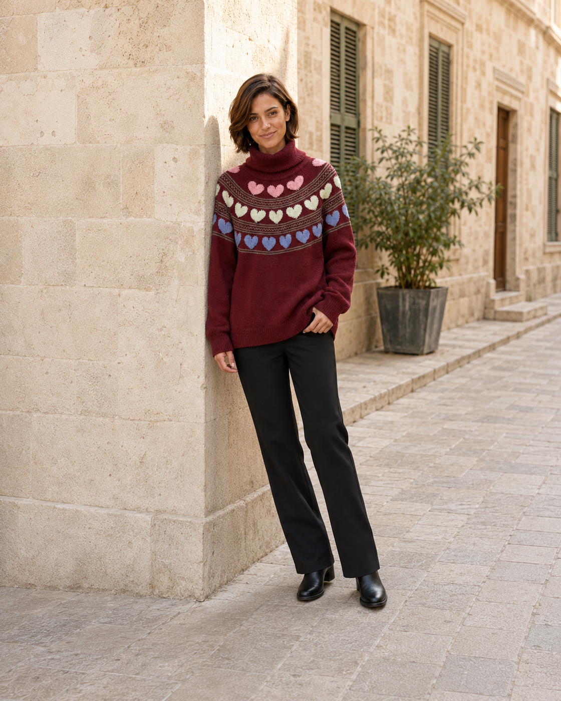 JERSEY  CORAZONES CUELLO VUELTO-GRANATE