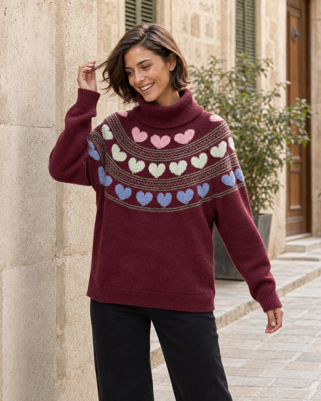 JERSEY  CORAZONES CUELLO VUELTO-GRANATE