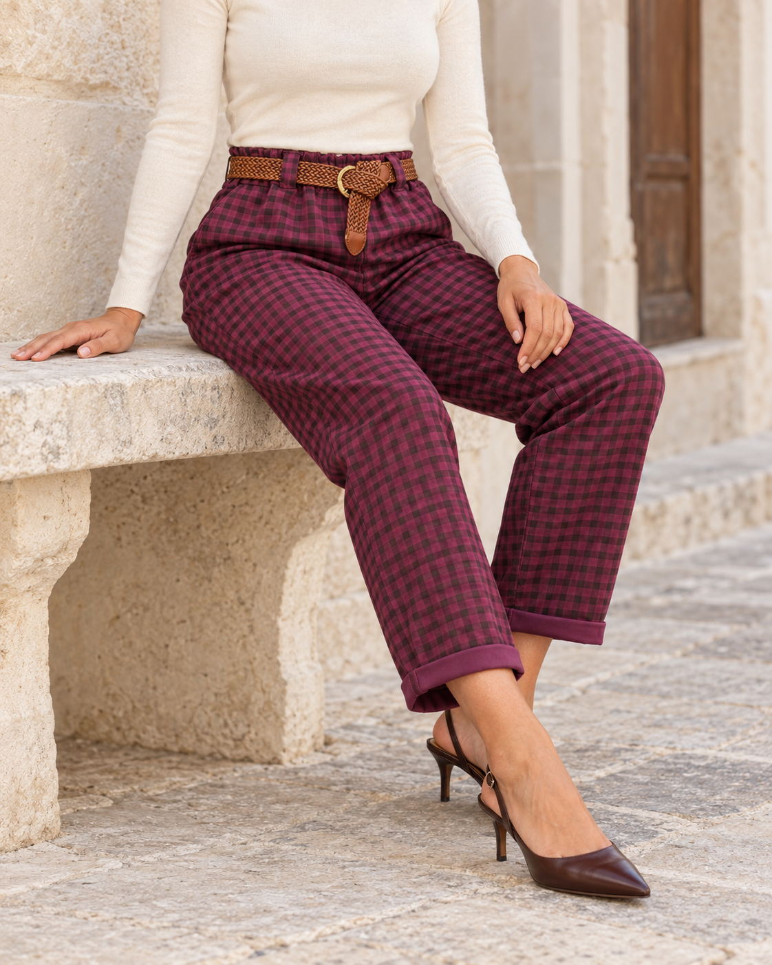 PANTALÓN CUADROS CINTURÓN-BUGANVILLA