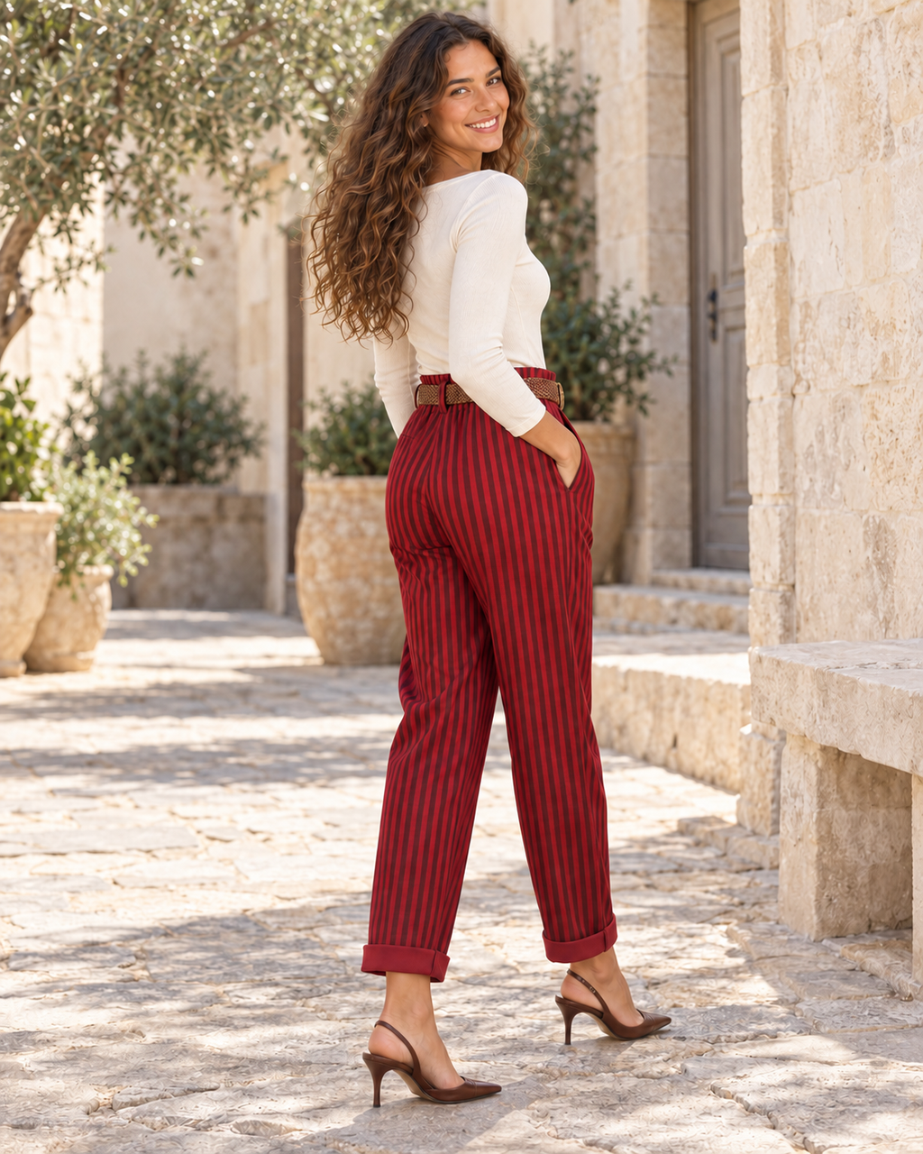 PANTALÓN RAYAS CINTURÓN- GRANATE