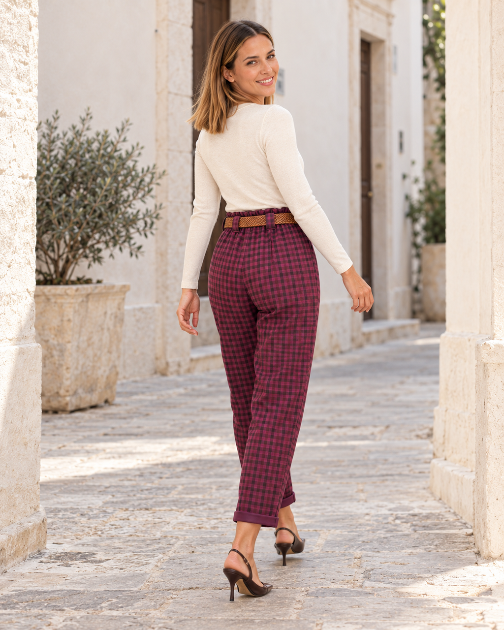 PANTALÓN CUADROS CINTURÓN-BUGANVILLA