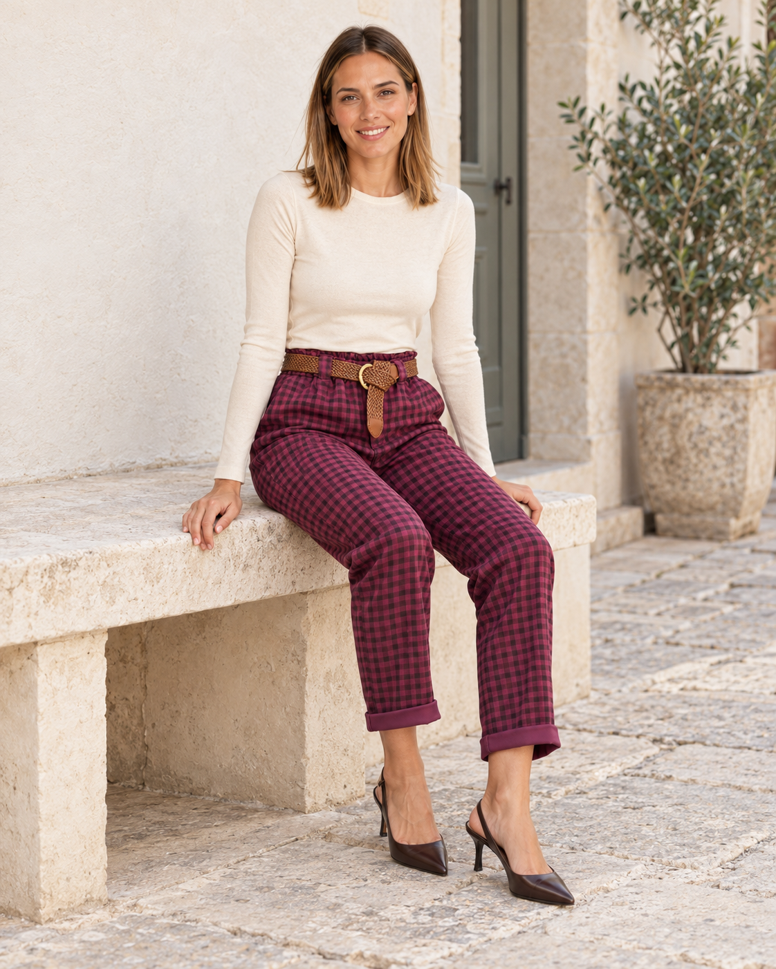 PANTALÓN CUADROS CINTURÓN-BUGANVILLA