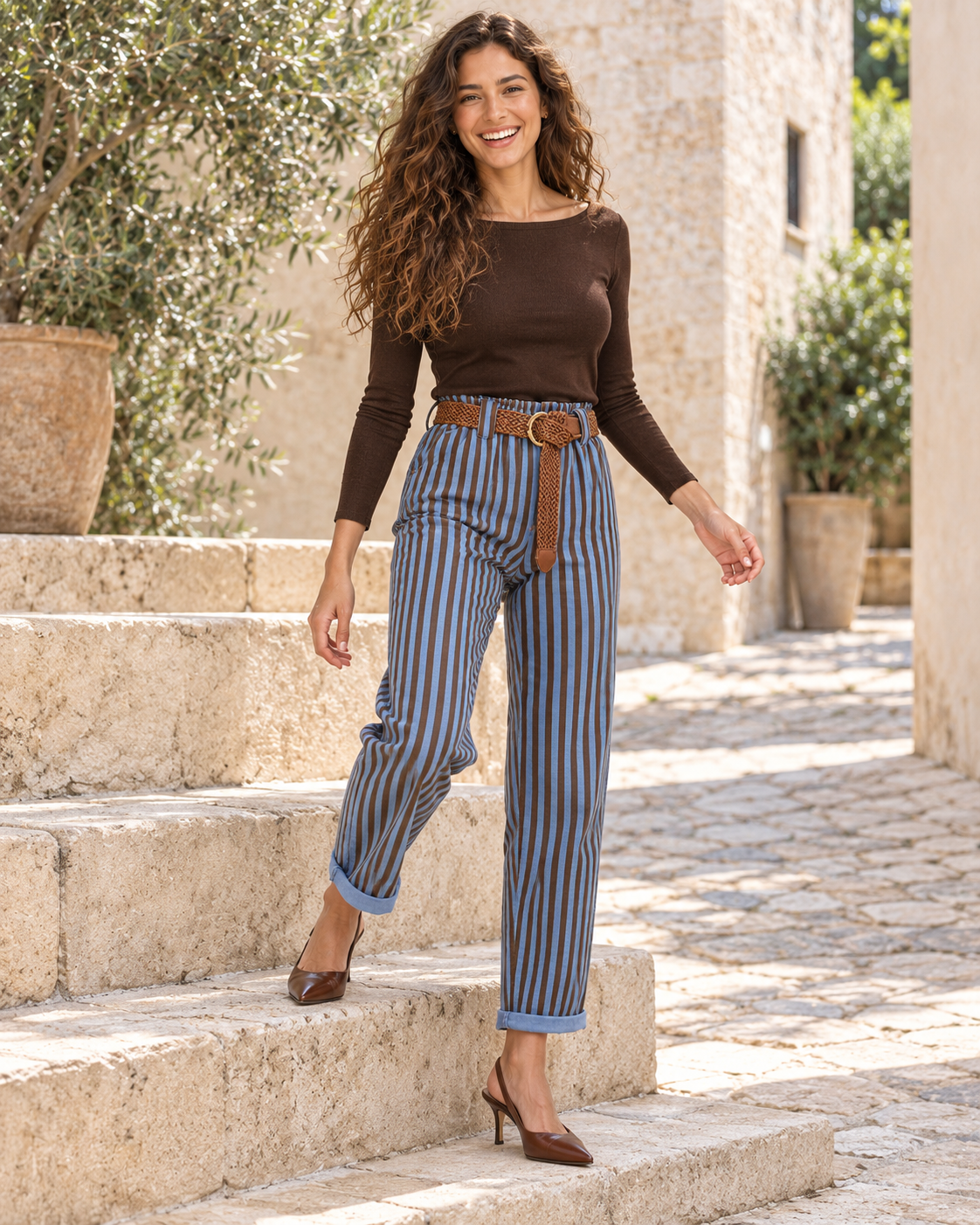 PANTALÓN RAYAS CINTURÓN- AZUL