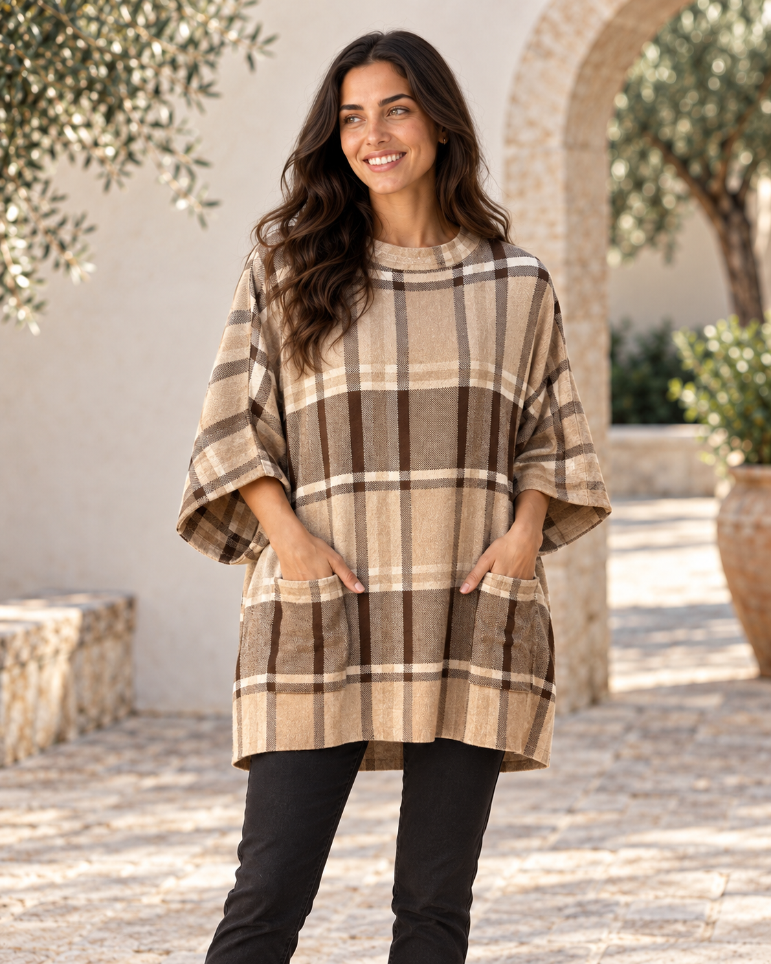 PONCHO CUADROS-BEIGE