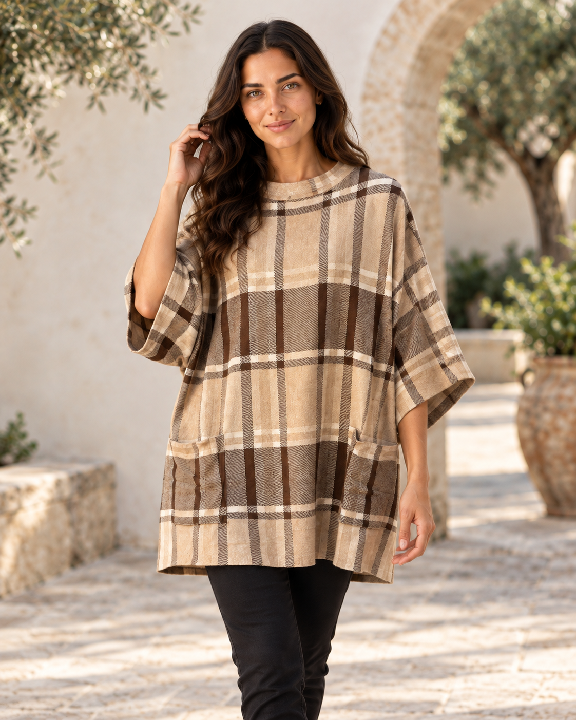 PONCHO CUADROS-BEIGE