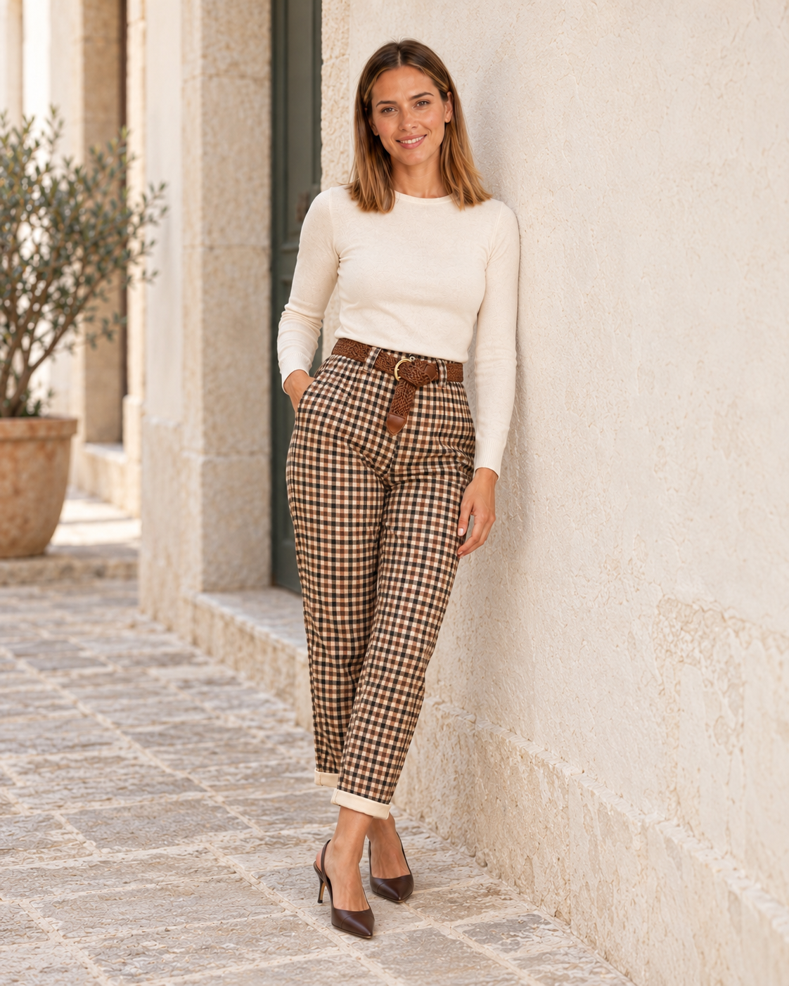 PANTALÓN CUADROS CINTURÓN-BLANC